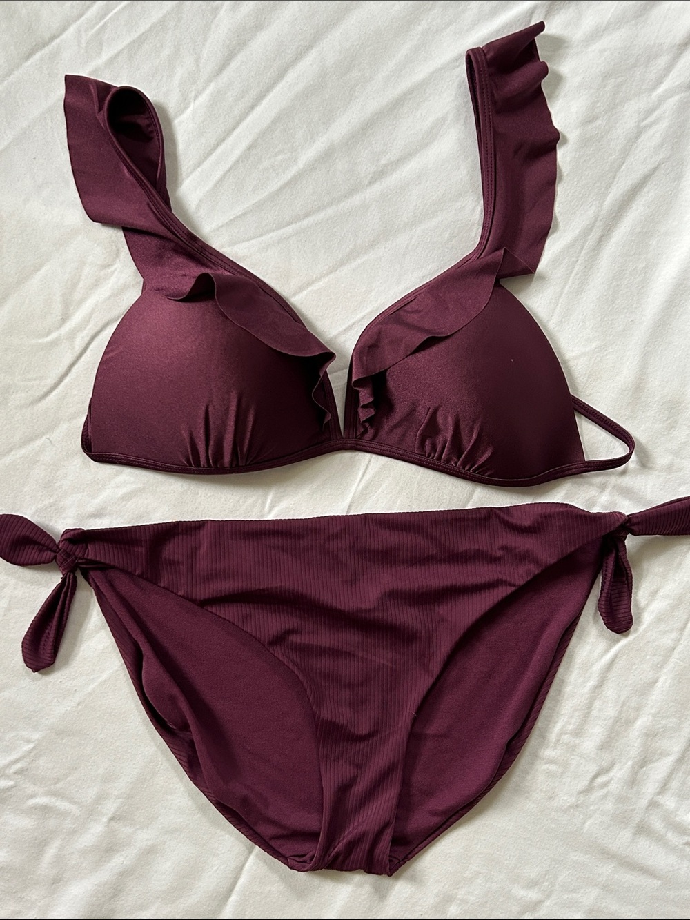 Ruffle-Trim Tie-Side Bikini Set in Deep Plum
